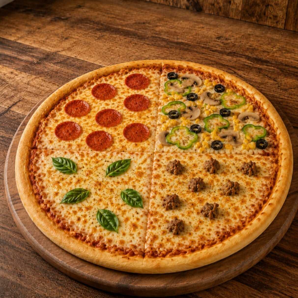 Pizza Média Quatro Estções 35cm ( 10 fatias ).
Leve a nossa deliciosa pizza com os sabores Marguerita, Pepperoni, Sujuk Sírio e Vegetariana, reunidos em uma combinação perfeita para quem busca variedade e muito sabor em cada fatia.
-----tags-----
esfiha, muhammara, comida árabe, culinária síria, artesanal, gourmet, delivery, almoço, jantar, lanche, assado, forno, especialidade da casa, ingredientes frescos, sabor oriental