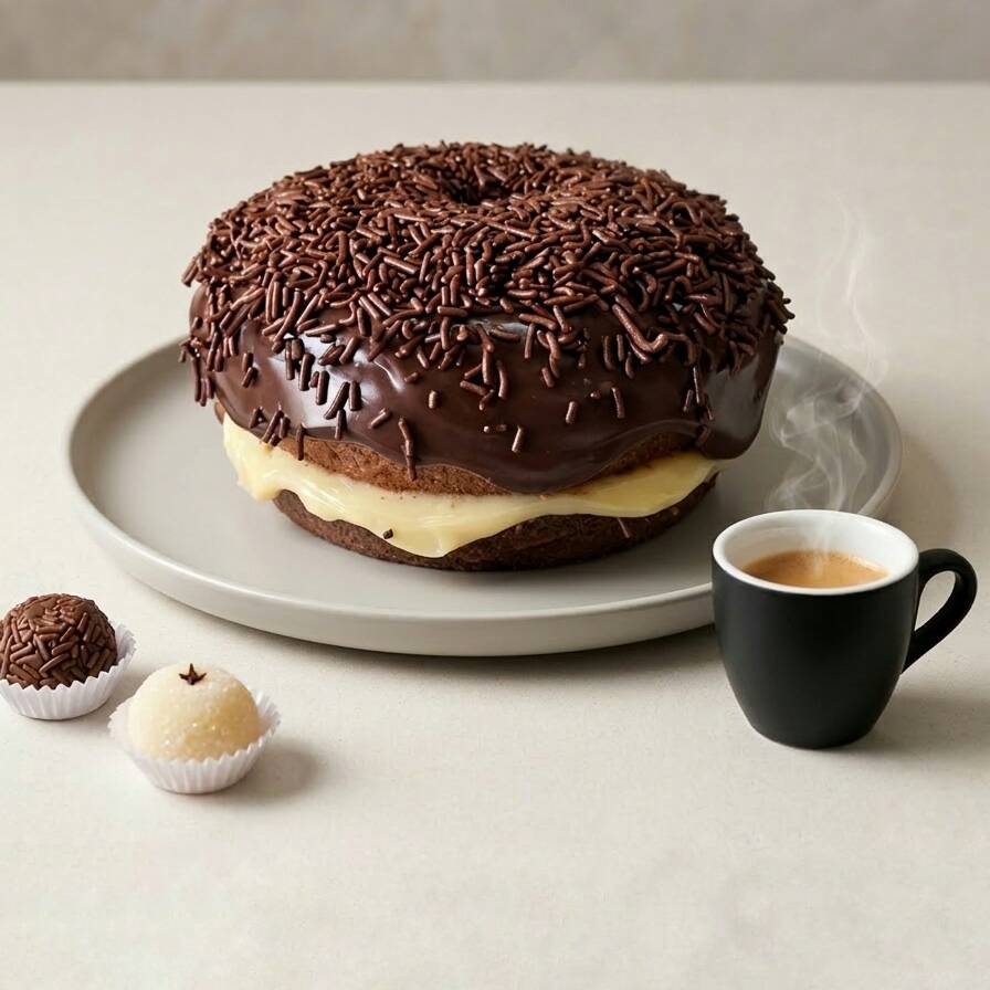 Bolo caseiro de massa de chocolate com furo no meio, recheio de brigadeiro de Ninho cremoso e cobertura de brigadeiro 50%, finalizado granulado de chocolate em cima. Tamanho médio aprox. 700gr. Serve em média 8 a 12 fatias.