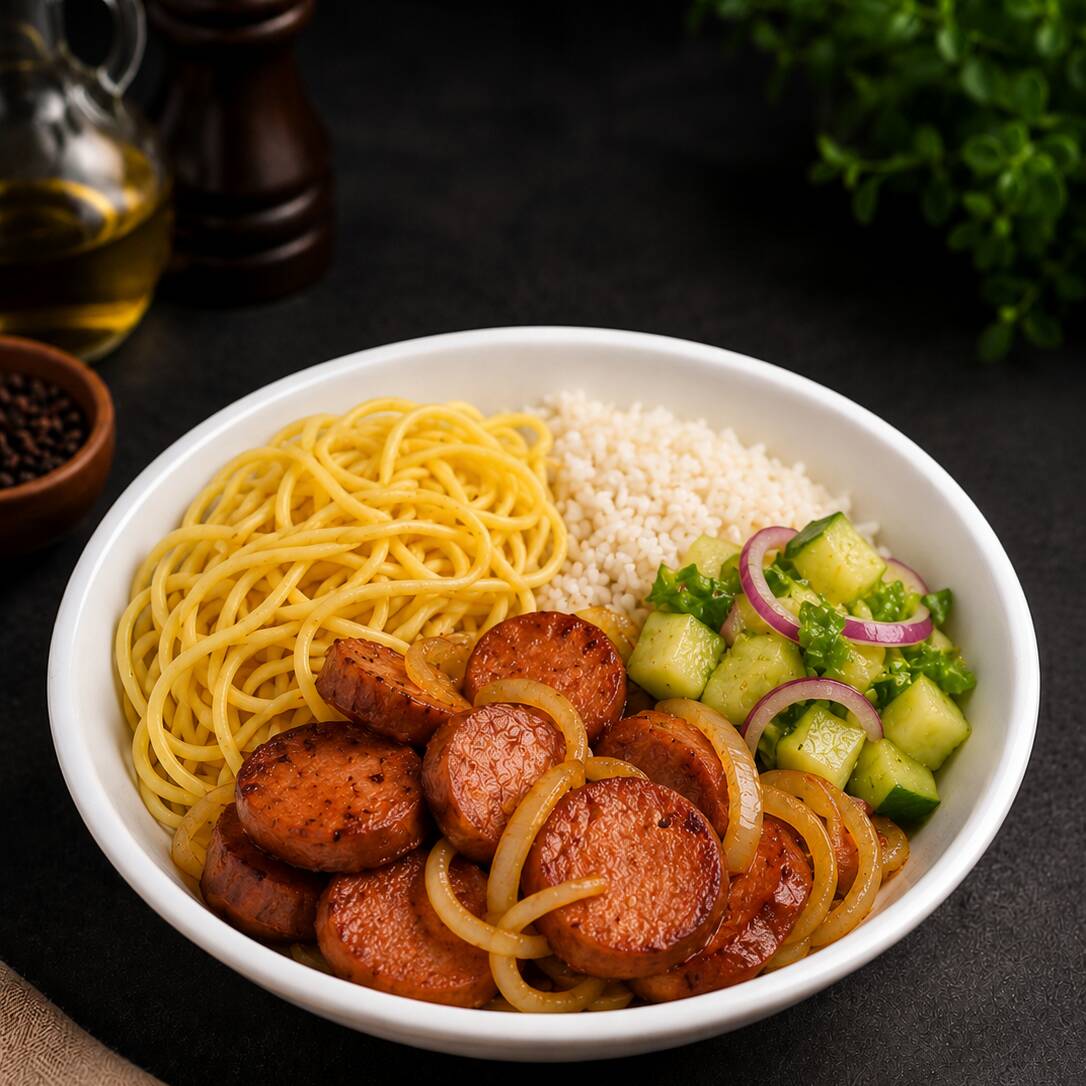 Calabresa acebolada. Aqui não tem erro, é aquele prato para os dias corridos.
Acomodado de:
- Arroz branco
- Macarrão
- Feijão carioquinha
- Farofa
- Salada crua (maionese ou purê)