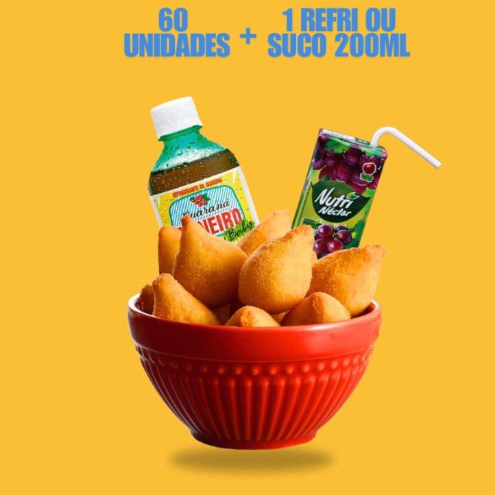 Aproveite esta oferta imperdível combo com 60 mine salgados 10 mine churros gratis e ganhe 1 refrescantes refrigerantes ou sucos de 200ml, para completar essa experiência culinária. Uma combinação perfeita para compartilhar com amigos ou família. Não perca esta oportunidade!