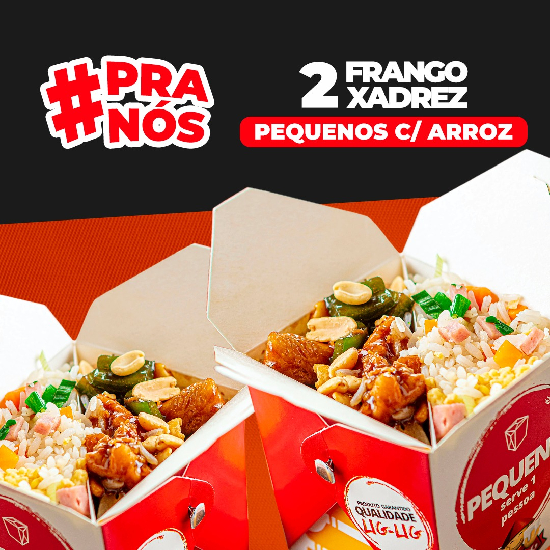 (02 Unidades no tamanho Pequeno com Arroz, cada unidade serve 1 Pessoa) Em Cada Caixinha Vem: 1/2 Porção Pequena de Cubos suculentos de frango combinados com pimentões, cebolas, envolvidos com o clássico molho do Lig-Lig finalizados com amendoim. + 1/2 Porção Pequena de Arroz Chop-Suey. Preparado no wok chinês de forma artesanal com ingredientes frescos. Peso Aproximado: 450g cada Unidade. Importante: Não realizamos alterações de ingredientes nos pratos promocionais. Agradecemos a compreensão.