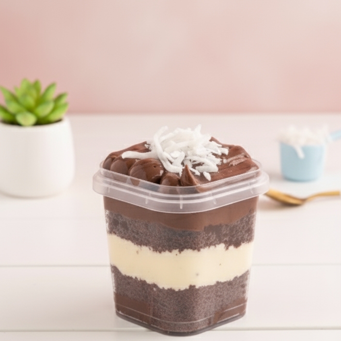 Massa fofinha e molhadinha de cacau 50%, com recheio cremoso de beijinho de coco e chocolate ao leite finalizado com coco ralado e granulado ao leite.