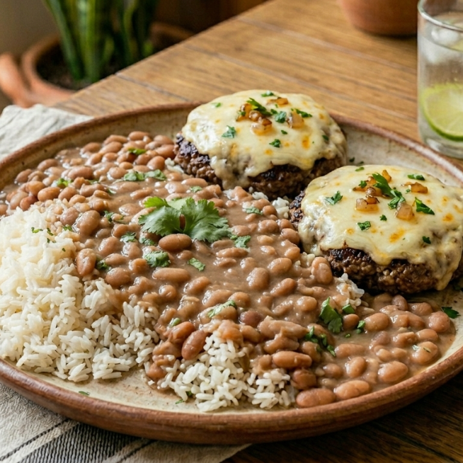 Hambúrguer com queijo. Acompanha. Arroz, feijão, e farofa.