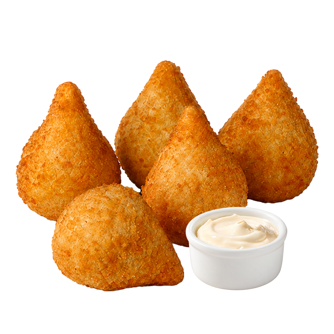 Adicione mais sabor à sua Mini Coxinha: Requeijão ou Caramelo. A porção contém 5 unidades de Mini Coxinha.
