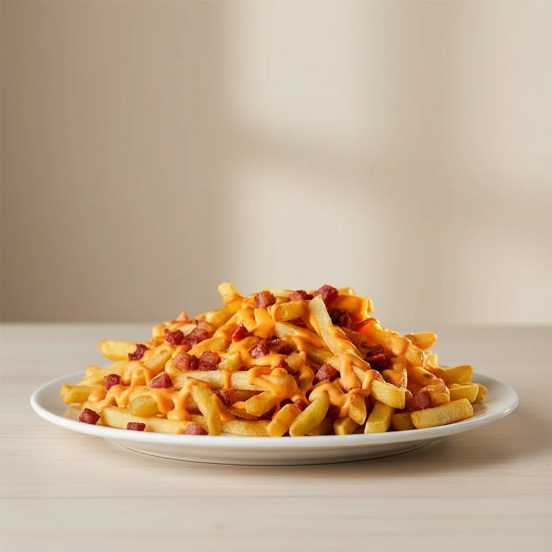 FRITAS SEQUINHAS E CROCANTES, COBERTAS COM CHEDDAR CREMOSO E BACON CROCANTE, ENTREGANDO SABOR INTENSO EM CADA MORDIDA. PORÇÃO DE APROXIMADAMENTE 400G, IDEAL PARA COMPARTILHAR.