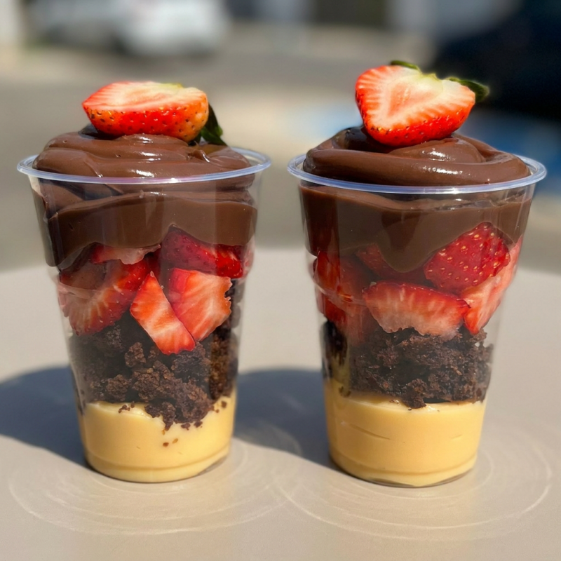 Pedaços de Brownie crocante, Brigadeiro ,Brigadeiro de Ninho e Morangos.