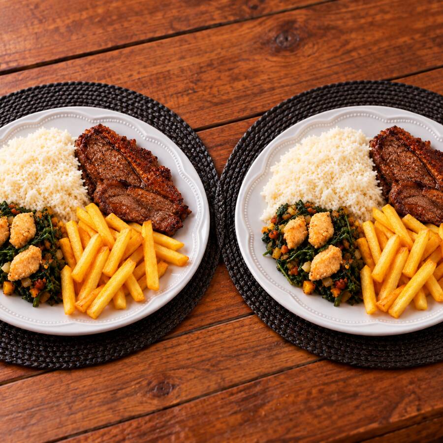 2 porções de cupim acompanhadas de arroz branco, feijão tropeiro, batata frita e salada do dia. Um combo completo, bem servido e ideal para compartilhar com muito sabor.