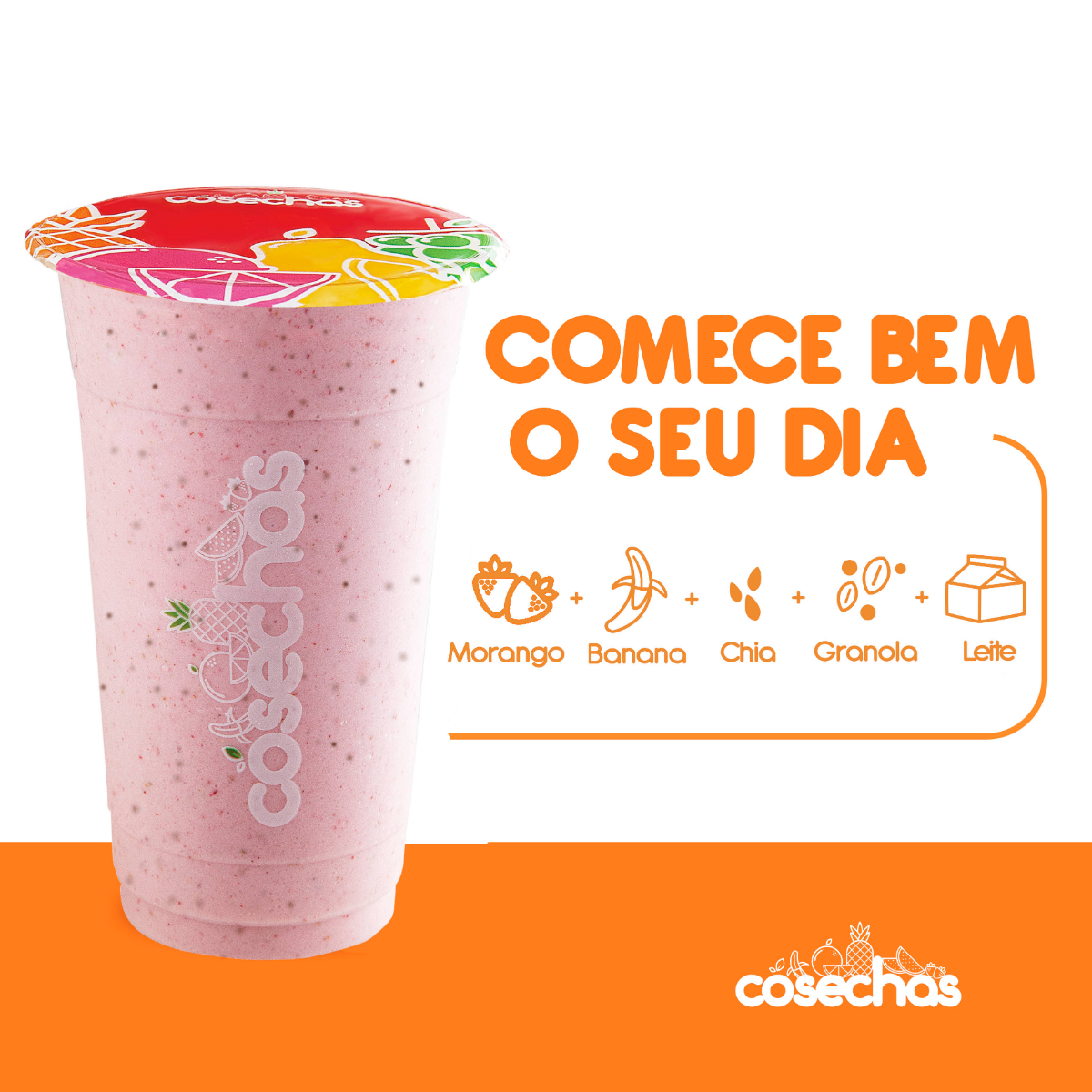 Morango, banana, chia e granola se unem ao leite em uma combinação cremosa e saborosa, perfeita para começar o dia com mais praticidade.