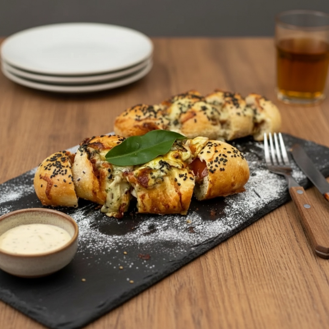 Tomate fresco, Molho pesto de manjericão, mussarela e parmesão