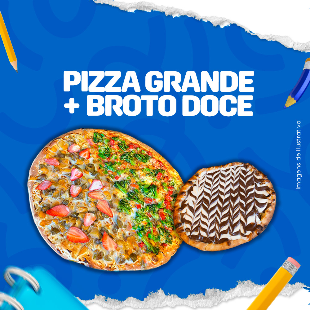 O Combo inclui uma pizza grande de oito pedaços, que você pode personalizar com dois sabores tradicionais irresistíveis à sua escolha. Acompanha também uma deliciosa pizza broto doce, perfeita para fechar a refeição com um toque de doçura. Um combo que une o melhor dos dois mundos: a autenticidade da pizza salgada e a tentação da pizza doce. Tudo isso com a qualidade e o sabor inconfundíveis da nossa Pizzaria. Aproveite!!!