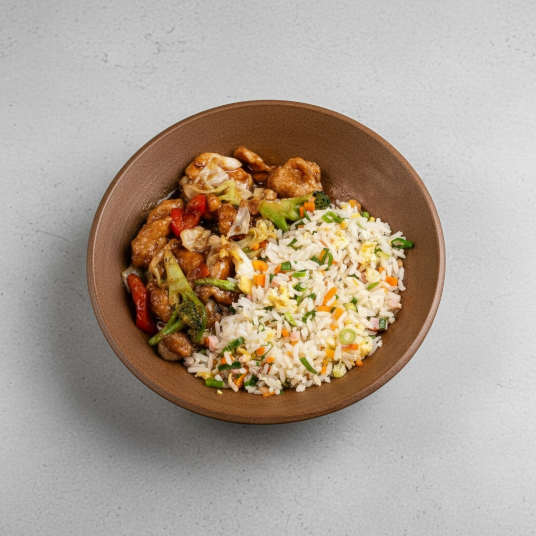Risoto chinês com presunto, ovos mexidos, cenoura e cebolinha picada