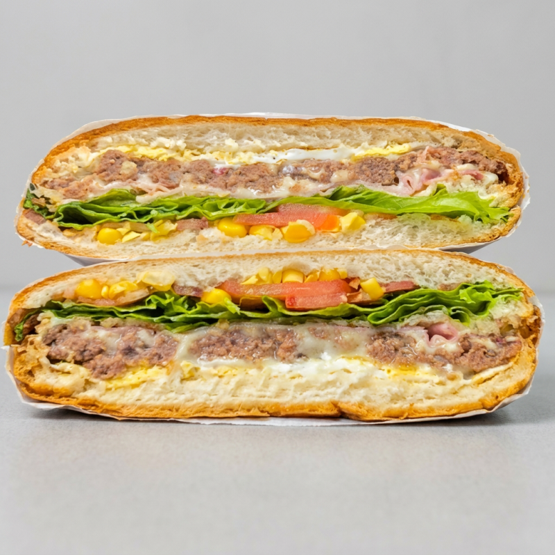 Hamburguer, mussarela, presunto, ovo, milho, alface e tomate.