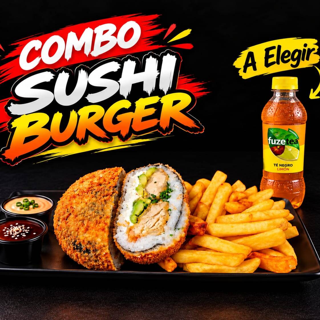 1 Sushi Burger + 1 ORDE PAPAS + 1 BEBIDA