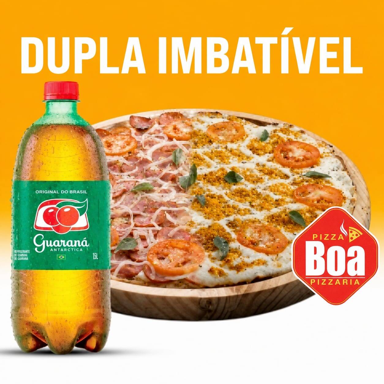 Massa, molho, muçarela, frango, catupiry, tomate, orégano e manjericão.