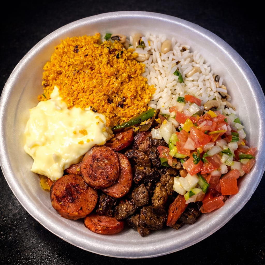 porção de carne e calabresa , baião , vinagrete , pure de batata ,farofa