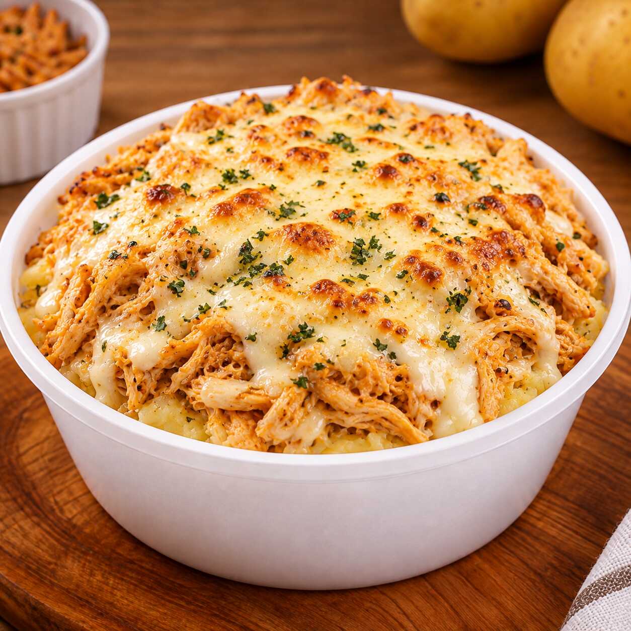 Batata amassada com uma deliciosa camada de requeijão, recheio de frango desfiado bem saboroso, queijo derretido e acompanha uma batata palha crocante por cima . Venha saborear.
360g