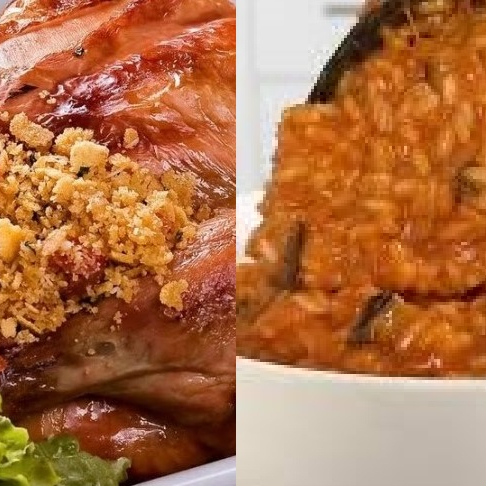 01 Frango assado com tempero suave, sem pimenta; recheio a base de farinha de milho em flocos, com calabresa, bacon, cebola, alho e tomate. Tudo em proporções suaves.
01 Risoto (500g) com molho de tomate natural feito na casa + peito de frango desfiado.