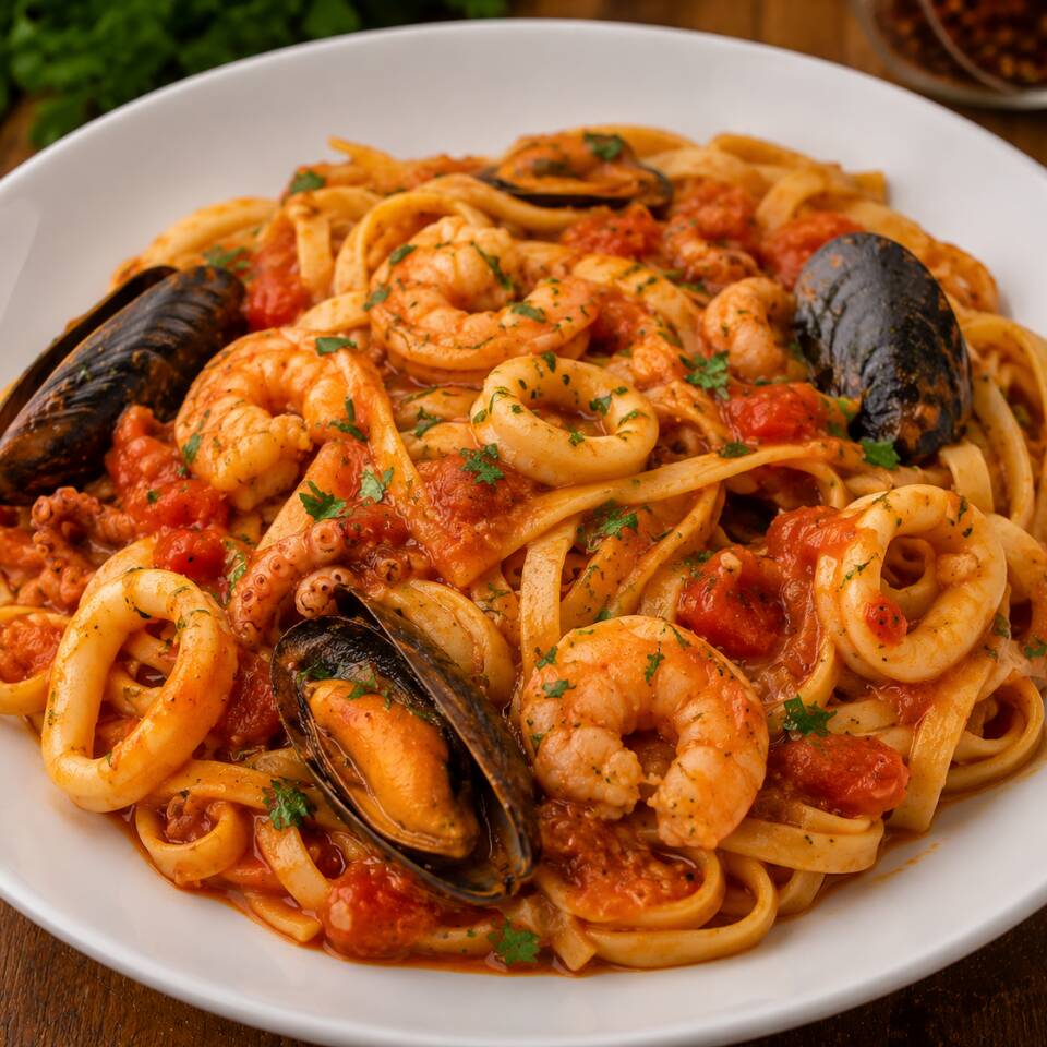 Irresistível!!! Talharim massa fresca com frutos do mar ( camarão, lula e marisco), com um molho de tomate artesanal. ( serve uma pessoa)