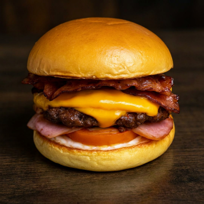 Pão de brioche,carne,bacon,ovo,presunto,queijo cheddar,tomate e molho da casa.