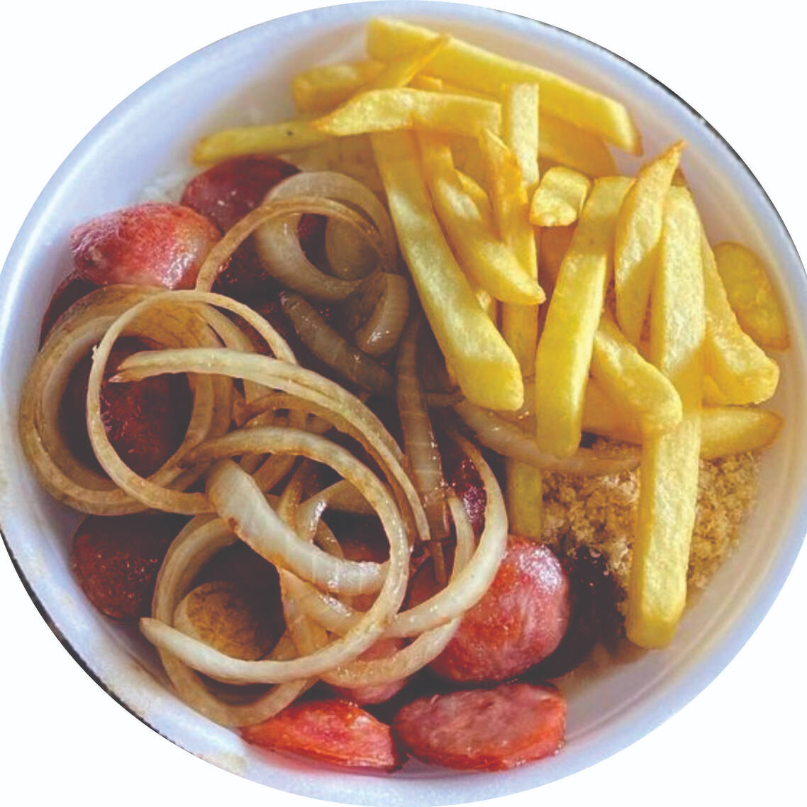 Arroz, feijão, calabresa acebolada, maionese, farofa e fritas