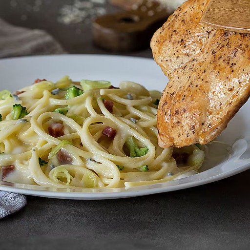 200g de massa italiana, 4 ingredientes a escolher, 2 conchas de molho a escolher, filé de frango temperado com vinho branco e ervas finas.