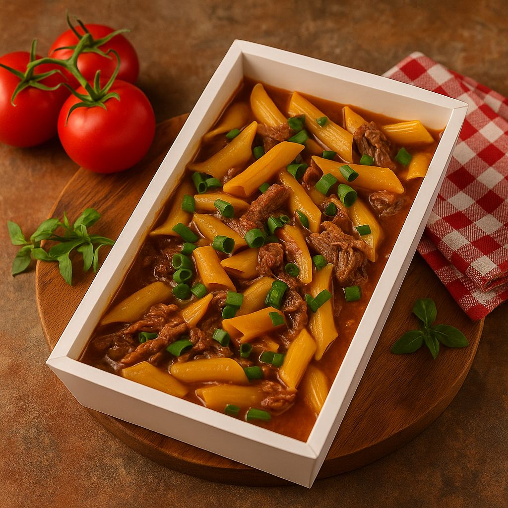 Saboreie um penne macio envolvido em um molho de tomate caseiro, com pedaços generosos de carne louca desfiada e temperada lentamente. A marmita vem selada com 500g de puro sabor e suculência, mantendo todo o frescor até chegar a você. Peça agora e sinta o sabor da comida feita com capricho!
