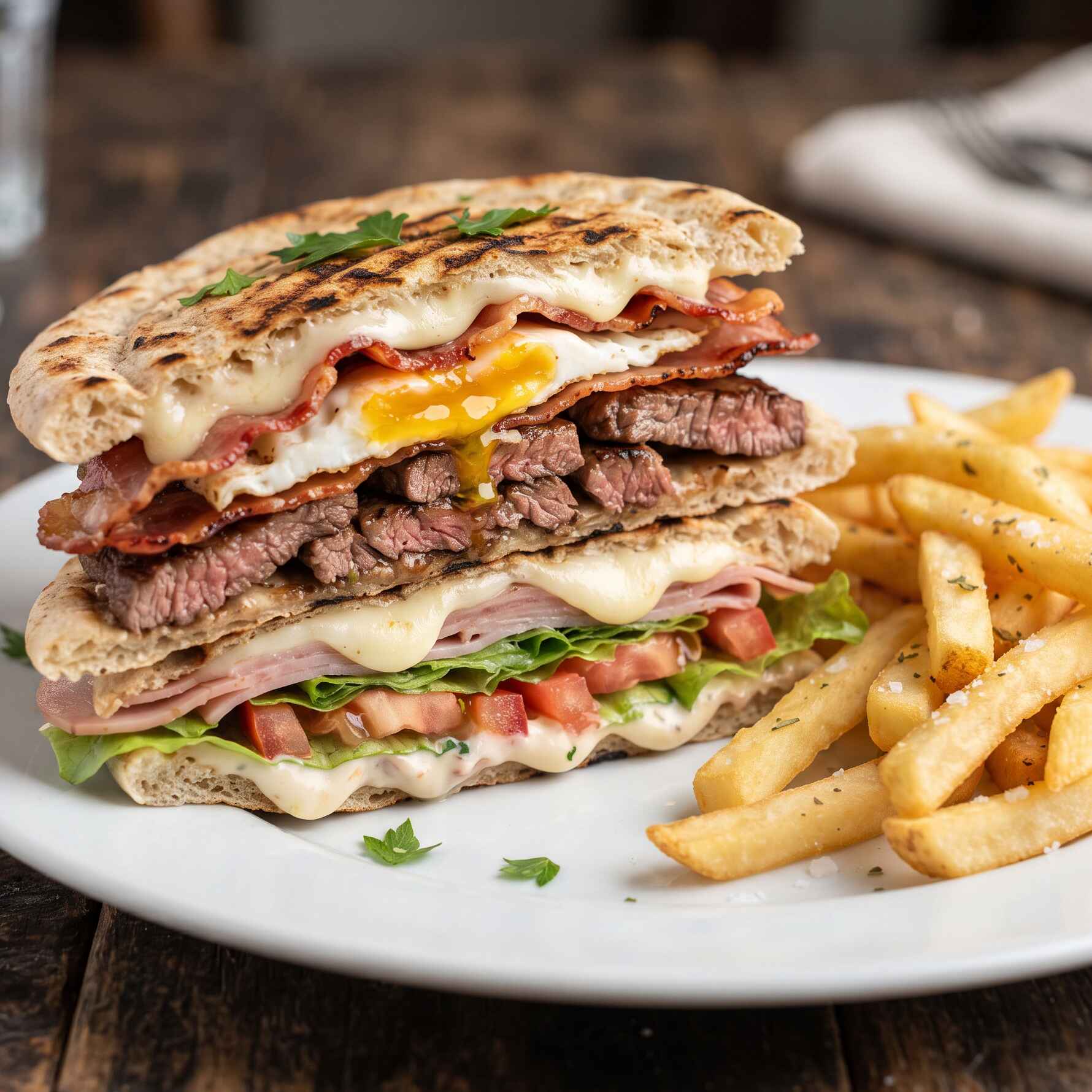 Filé mignon grelhado no pão sírio, queijo, ovo, bacon, presunto, fritas, salada, maionese da casa.