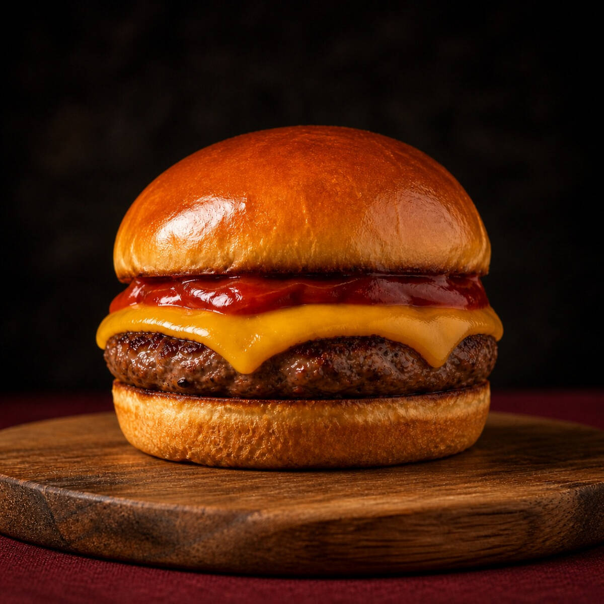 Pão Brioche, Carne 120 gr, fatia de cheddar finalizada com nosso ketchup artesanal