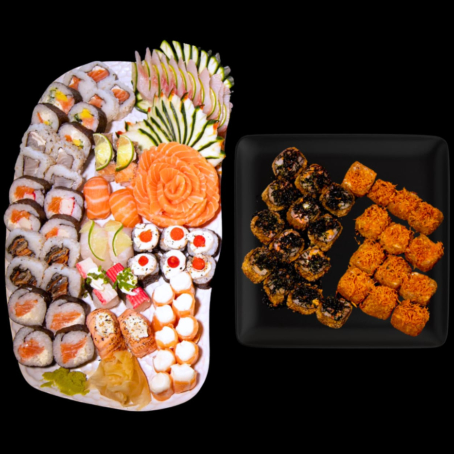 Este item acompanha 3 molhos teriyaki/tarê (30ml), 3 molhos shoyo (30ml) e 4 hashis. 24 sashimis (salmão/tilápia), 40 peças variadas, 10 gunkans, 26 hots (filadélfia/mix). - Obs: não trocamos os hots por sushi.