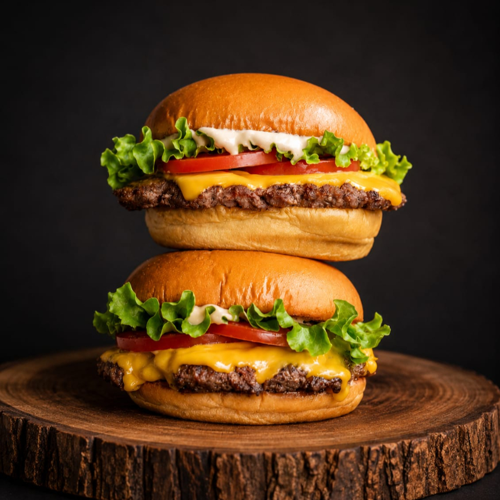 Pão brioche amanteigado, hamburguer industrializado (56g), queijo CHEDDAR e maionese especial Burgaço.