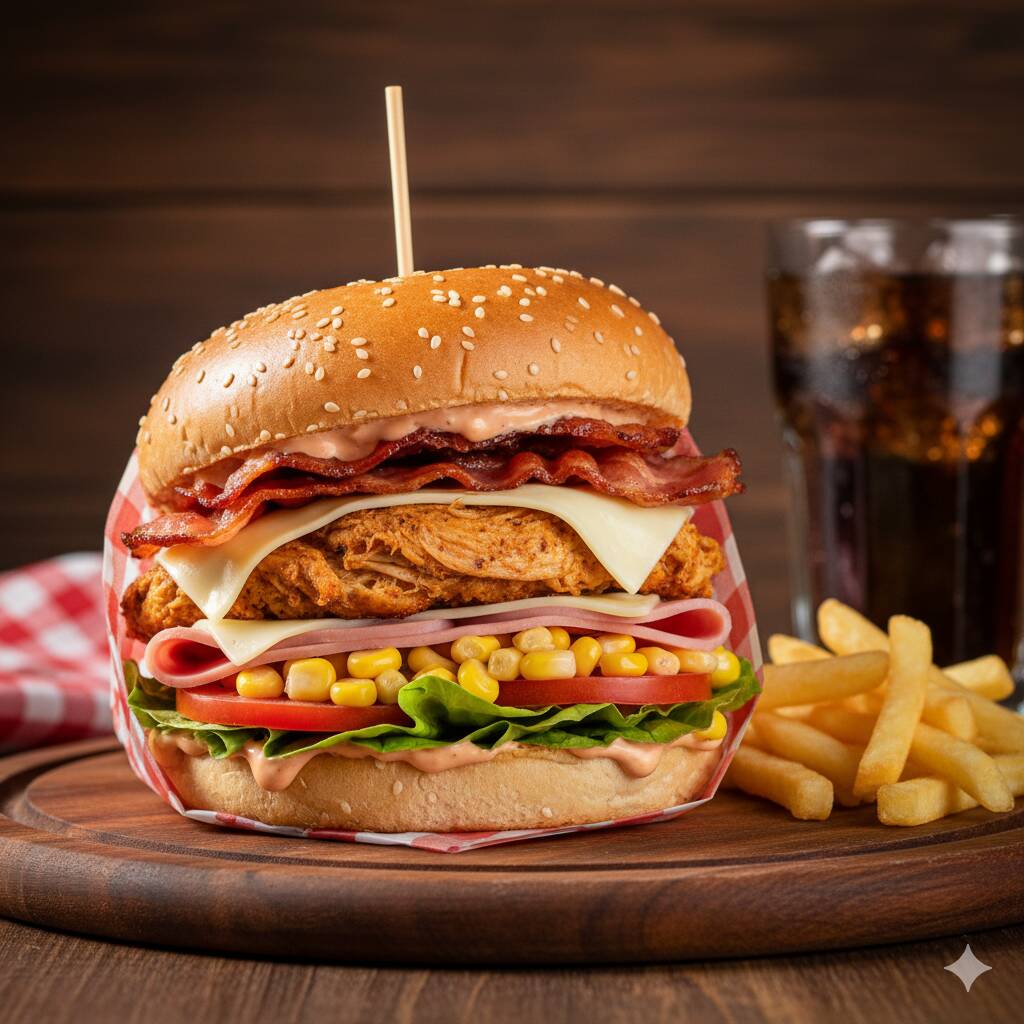 Pão, Frango, Bacon, Presunto, Mussarela, Milho, Tomate, Alface, Batata Palha