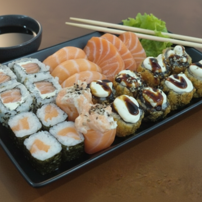 3 sashimi de salmao 4 uramaki Filadélfia 4 hossomaki 3 niguiri de Salmão 2 joe de Salmão 8 hot filadelfia