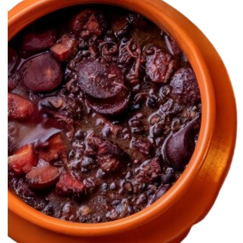 Feijoada, arroz, couve, farofa e torresmo