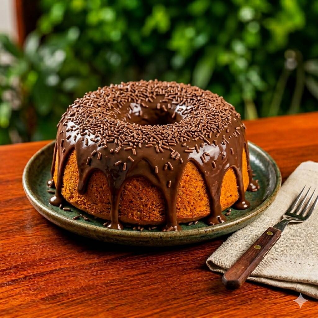 Delicioso bolo de cenoura caseiro com uma generosa cobertura de chocolate ao leite.