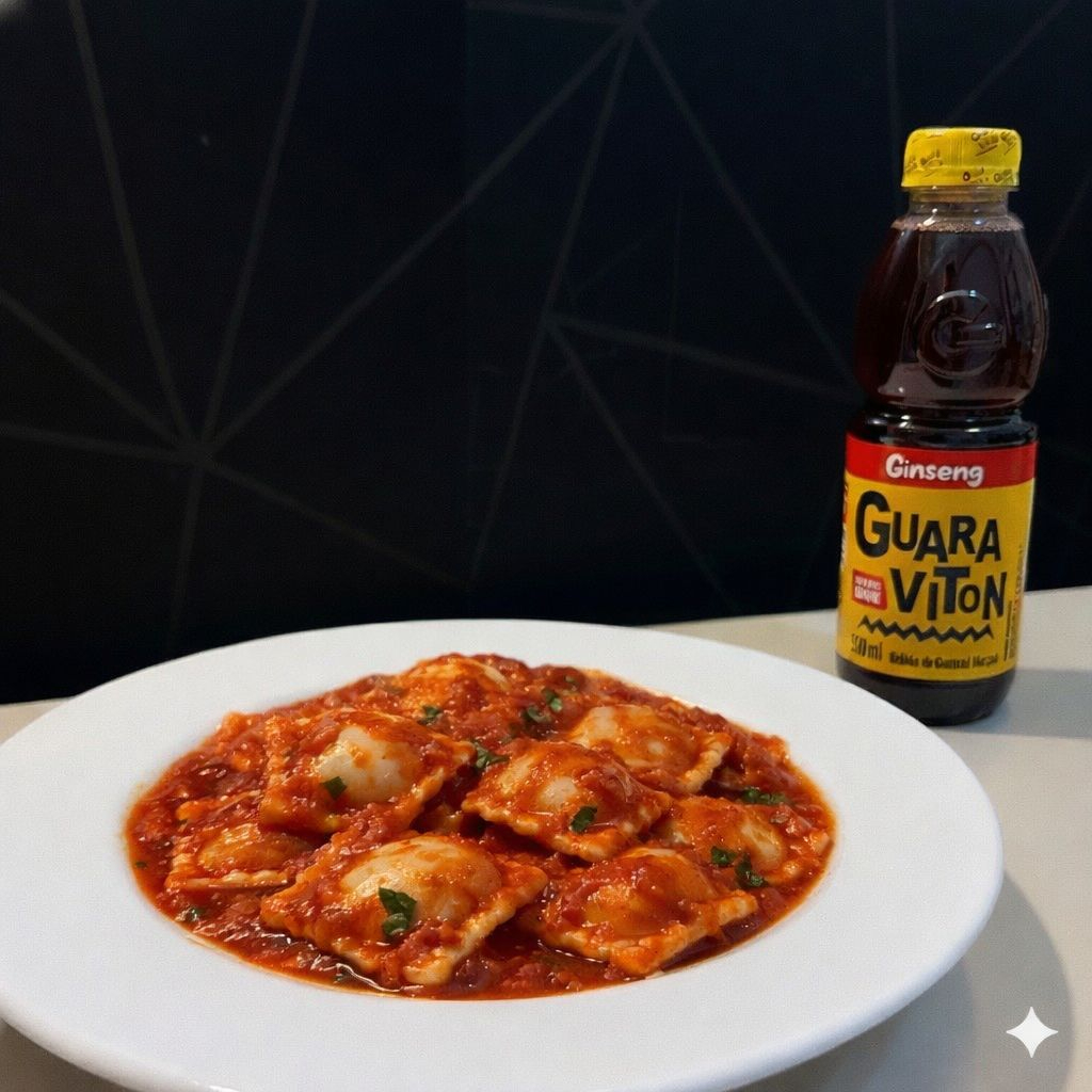 Ravioli de carne, molho pomodoro ou molho branco.