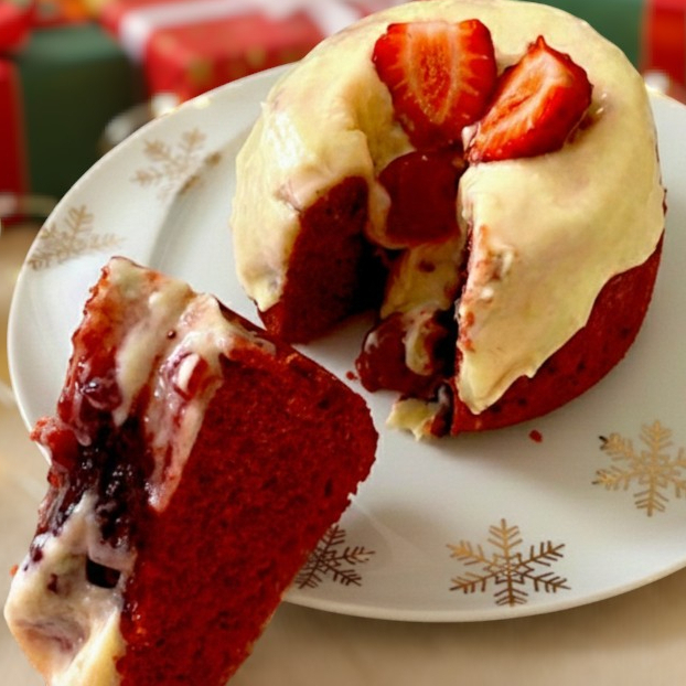Mini bolo vulcão Red Velvet verdadeiro, com massa macia, úmida e leve toque de chocolate. Recheio vulcão de cream cheese cremoso, finalizado com geleia de frutas vermelhas, decorado com morangos e cerejas, trazendo equilíbrio perfeito entre doce e levemente ácido. Produção artesanal, feito sob encomenda e enviado em embalagem individual tipo hamburgueira, ideal para presentear ou se deliciar.