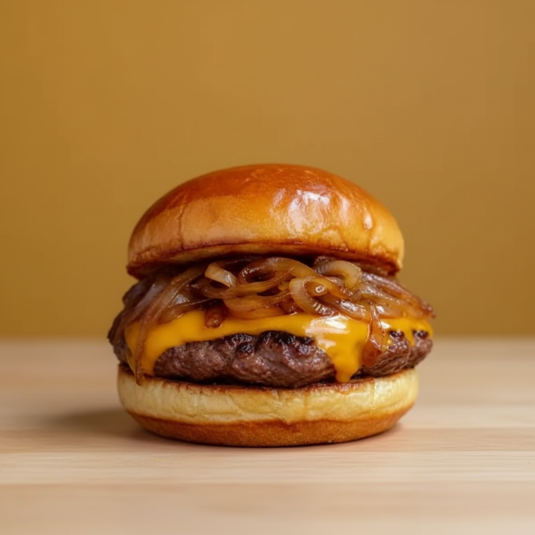 Pão brioche, hambúrguer 160g, molho cheddar e cebola caramelizada