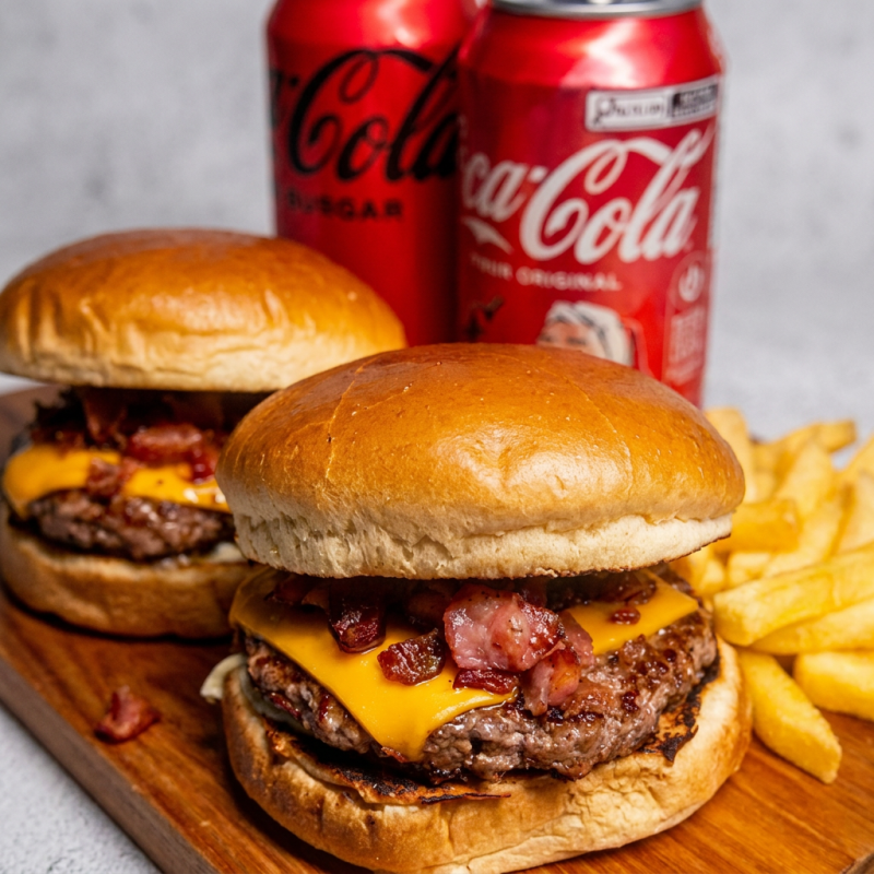 O combo em dobro com dois smash burguer pão brioche , queijo cheddar e uma porção de batata frita pequena e dois refrigerante de 350ml