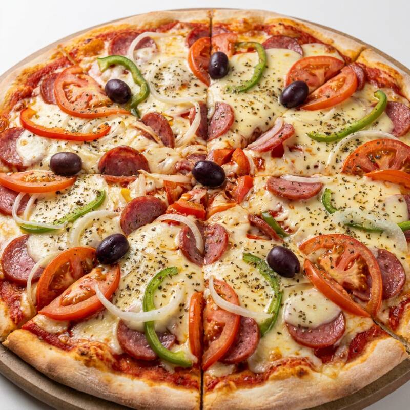 Massa, Molho de Tomate, Calabresa, Cebola, Pimentão, Tomate, Azeitona, Mussarela e orégano.