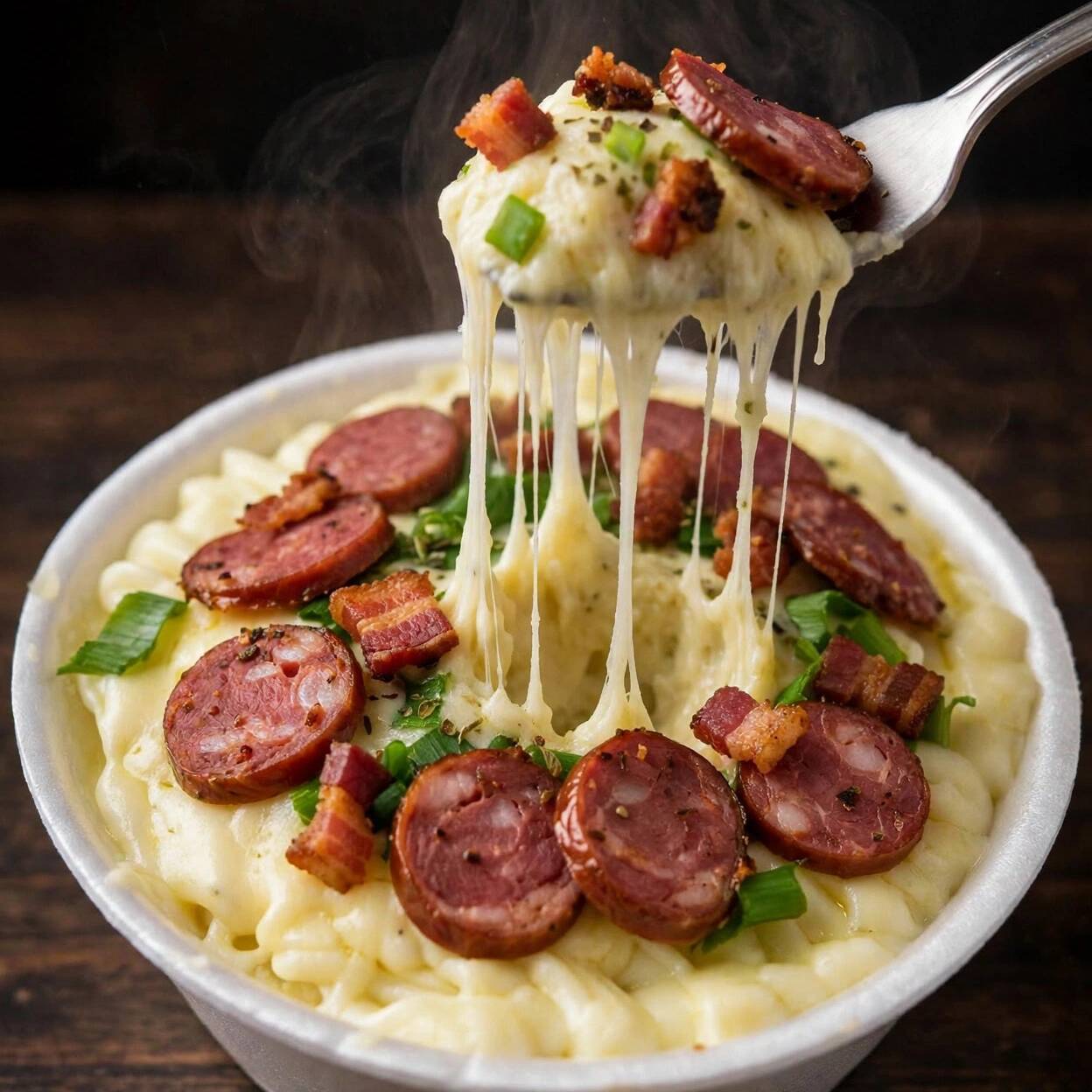Batata cozida perfeitamente finalizada com calabresa ralada, requeijão Catupiry, queijo mussarela e bacon em cubos. 500ml