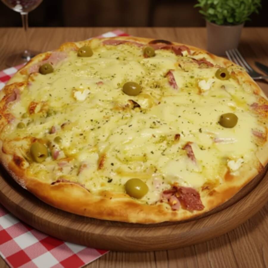 Mussarela, Calabresa, Presunto, Ervilha, Ovos e Cebola