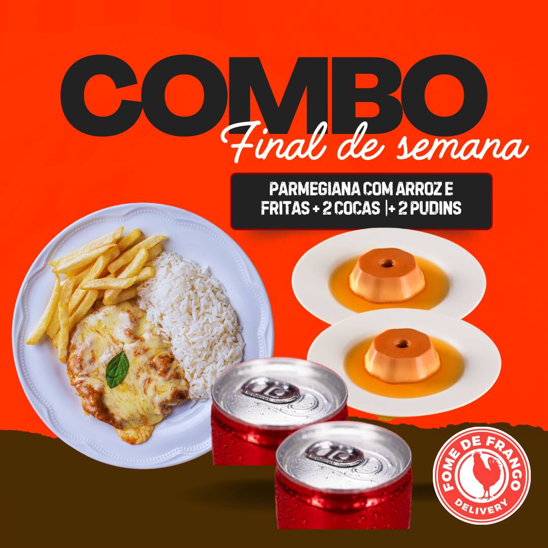 Comemore o seu Dia como se fosse um final de semana todos os dias , com nosso delicioso Combo! Perfeitamente elaborado para duas pessoas, este conjunto inclui uma suculenta Parmegiana de Frango 4 queijos, acompanhada de arroz soltinho e batatas fritas crocantes. Para adoçar o momento, incluímos dois cremosos pudins de leite condensado , e para refrescar, duas latas de Coca-Cola (350ml cada).