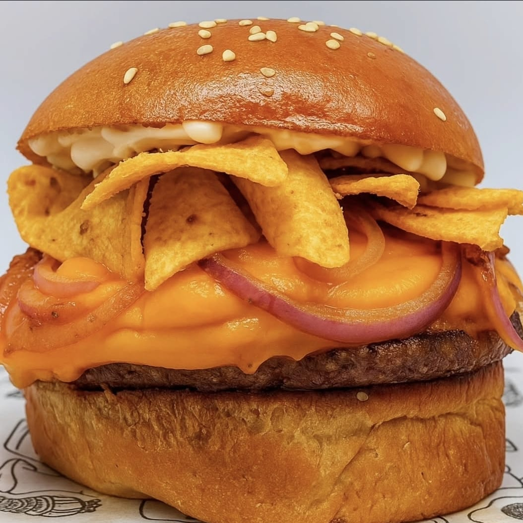 Pão brioche, blend, queijo de sua preferencia, cebola roxa grelhada, Doritos nacho e maionese.