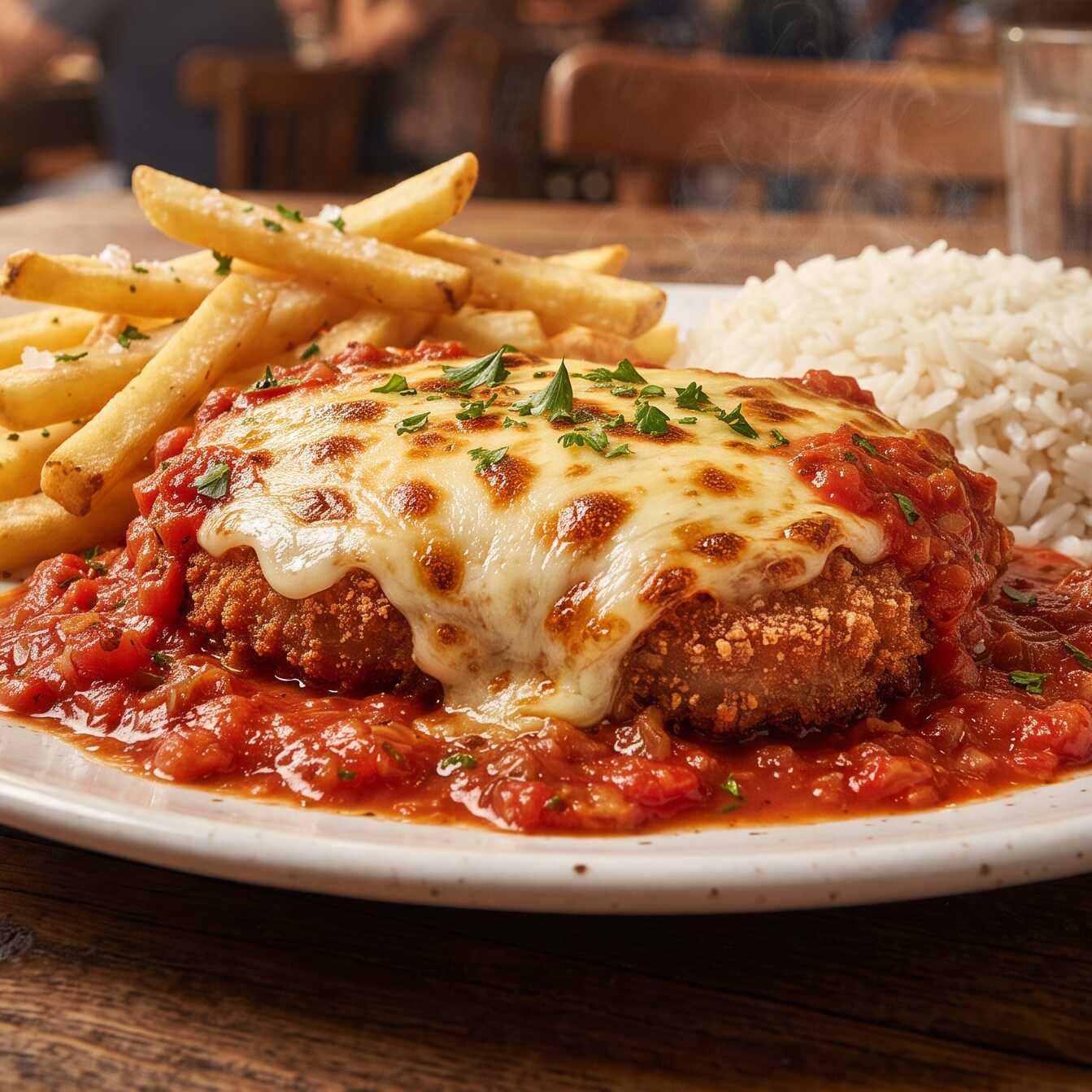 Filé Mignon à Parmegiana cuidadosamente preparado com molho de tomate fresco e uma generosa camada de queijo gratinado que derrete na boca. Uma verdadeira obra-prima de sabor e textura!
Para acompanhar essa maravilha, escolha entre o clássico Arroz Branco . Uma refeição completa e memorável, perfeita para qualquer ocasião!