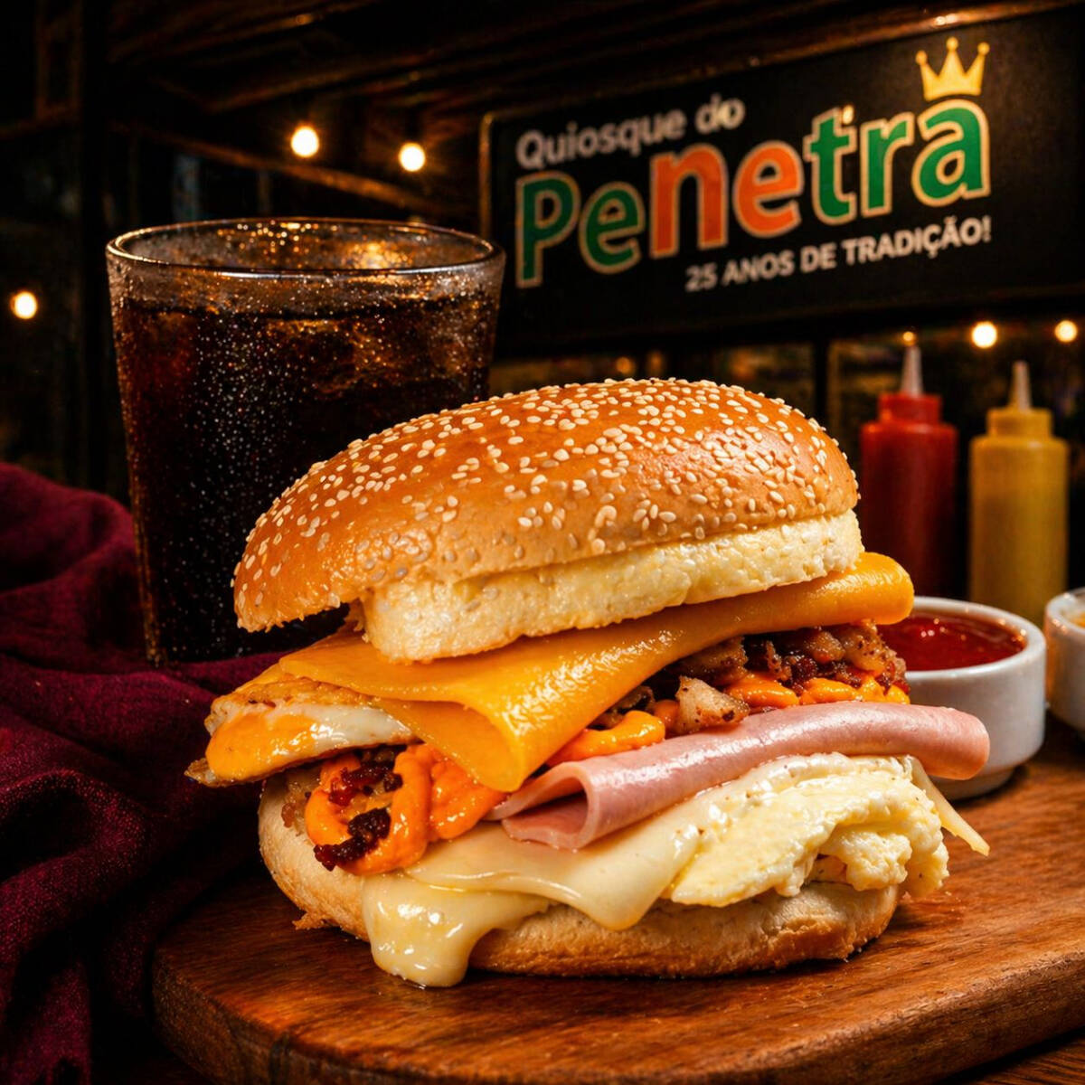 PÃO, FILÉ DE PEITO, QUEIJO, PRESUNTO, OVO, BACON, CHEDDAR E CATUPIRY.