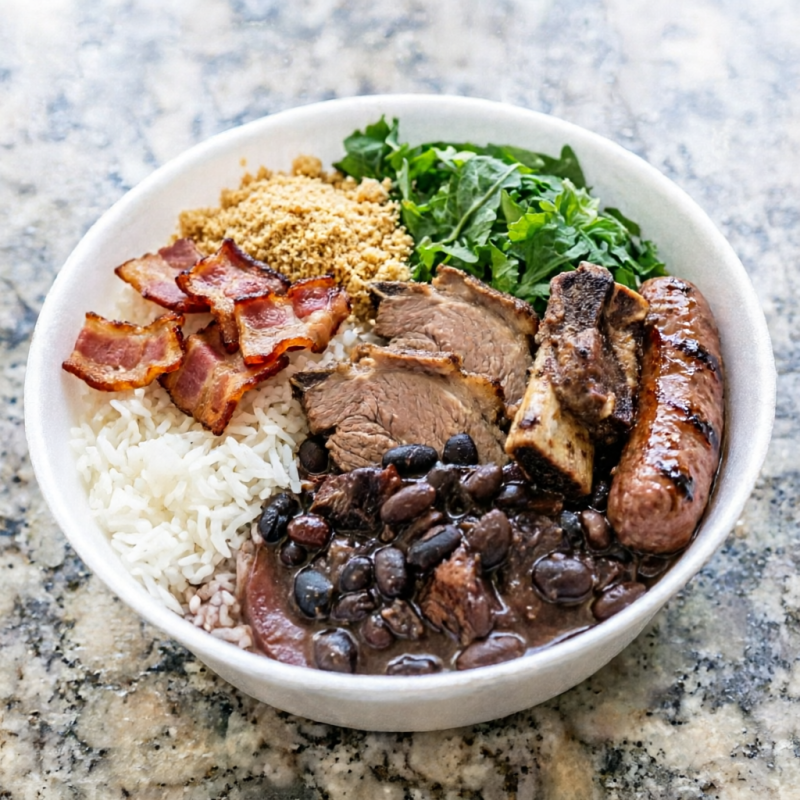 A Feijoada Aconchego, perfeitamente preparada para uma pessoa, é o nosso Prato Especial da Semana. Rica em sabor, ela tem um toque caseiro irresistível. Acompanha arroz brilhante, farofa crocante e couve fresca, acrescentando texturas e sabores que realçam o prato. Nossa feijoada é generosamente recheada com carne seca suculenta, lombo macio, costela tenra, linguiça apetitosa e bacon crocante e saboroso. É uma explosão de sabor que promete satisfazer o paladar mais exigente. Experimente e se apaixone!