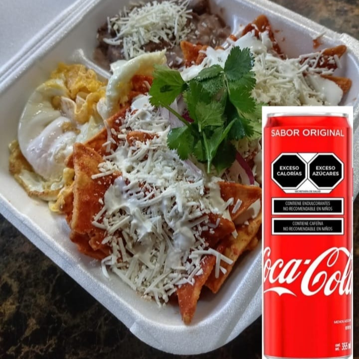CHILAQUILES ROJOS MED + COCA COLA 355ML