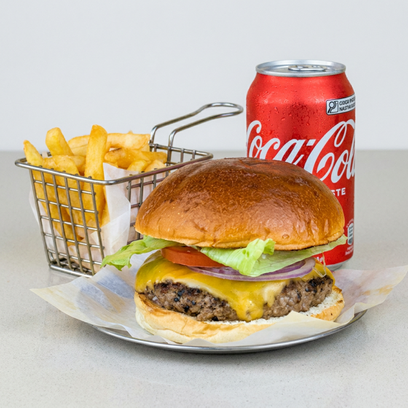 The classic, blend de 160g,queijo,cebola,tomate,alface e maionese
1batata de 120g
1 coca llata