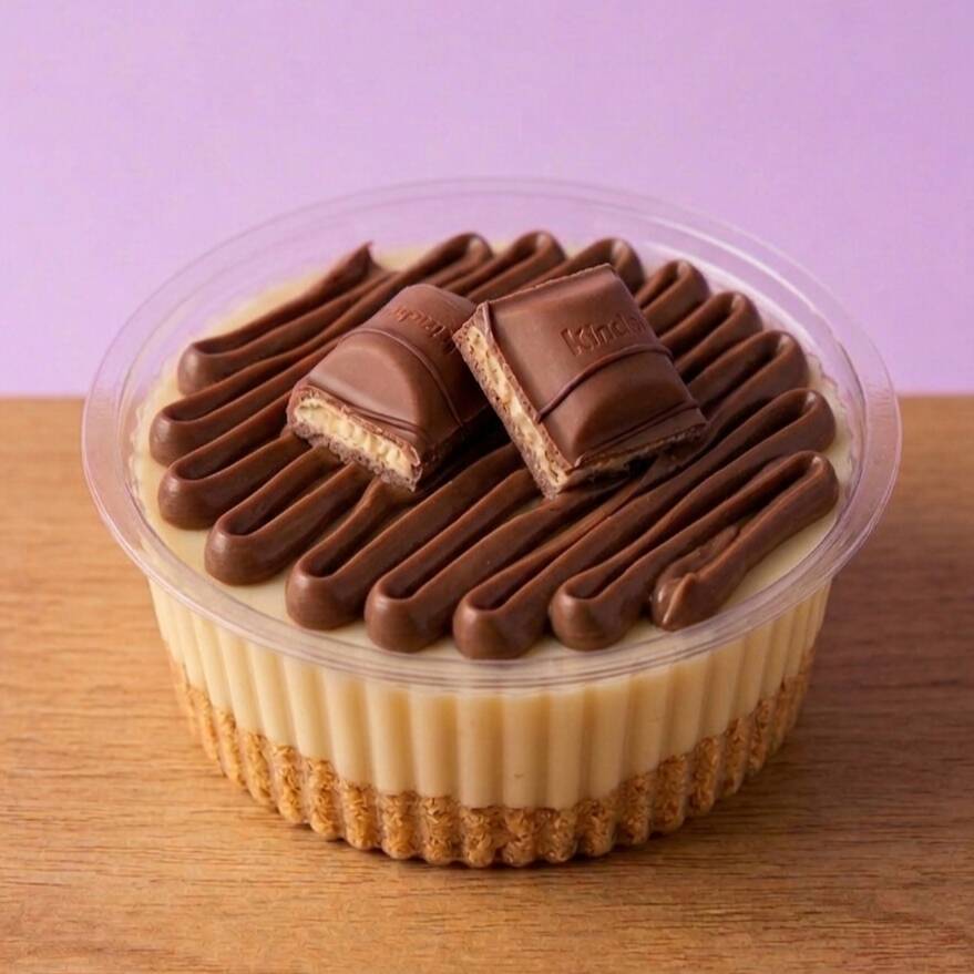 Sobremesa com Farinha de biscoito, Recheio de Ninho, Nutella e decorado com Kinder Bueno. Serve 1 pessoa (aprox. 170ml)