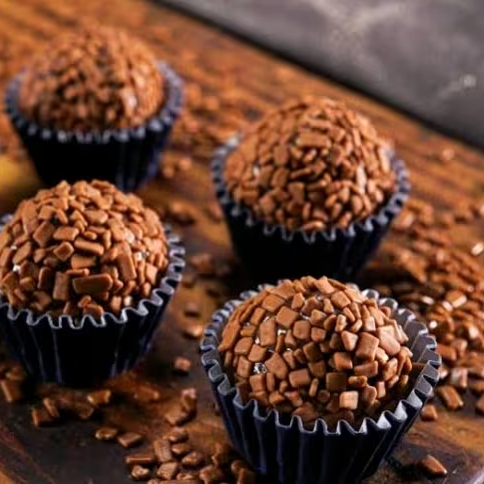 O brigadeiro belga tem uma textura mais macia e suave, coberto com flakes de chocolate belga prata fica com um aspecto mais elegante e refinado fazendo parte da decoração sofisticada.